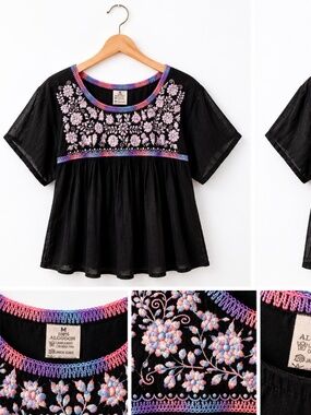 Mexican Embroidered Floral Peasant Blouse Black Cotton Medium Boho